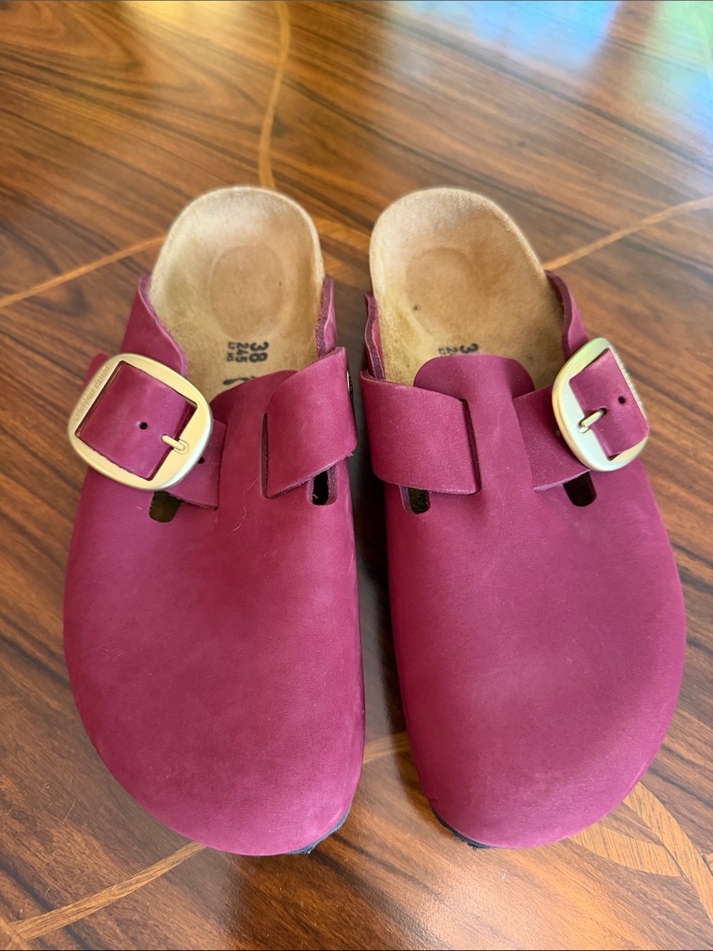 Birkenstock Burgundy Slip-On Clogs with Gold Buckles size 38